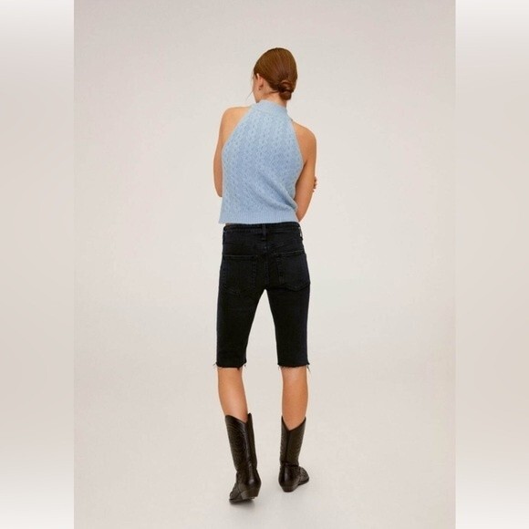 MANGO Biker Style Denim Raw Hem Bermuda Shorts in Black - Picture 4 of 4